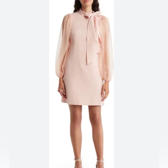 Bow Neck Long Sleeve Shift Dress - Picture 1 of 7